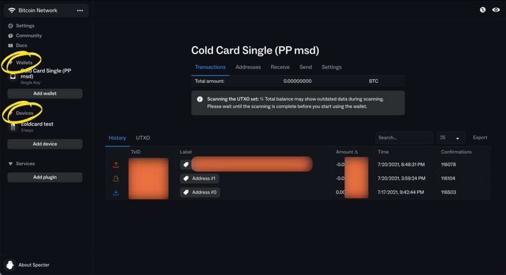 coldcard wallet transaction history in specter wallet software 