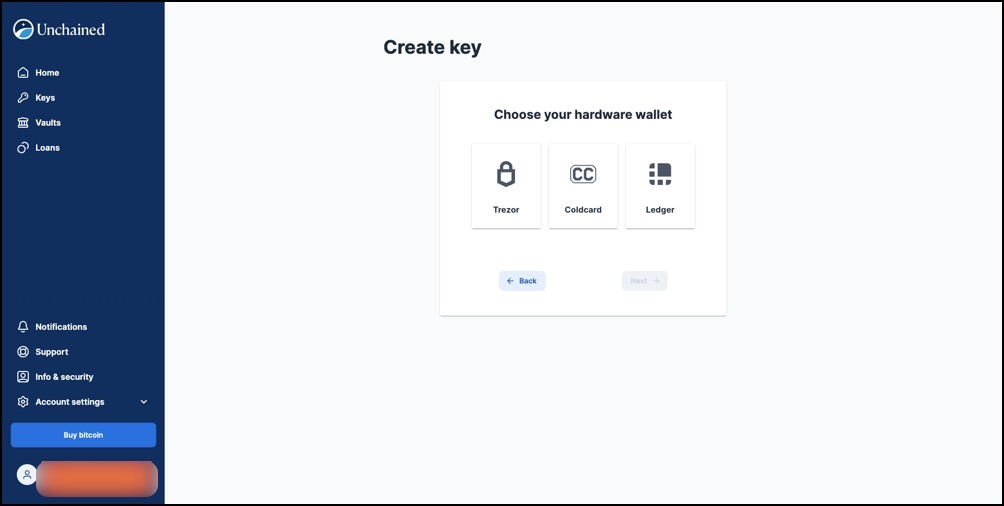 unchained choose hardware wallet for key 