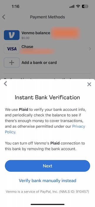 venmo bank account connection plaid 