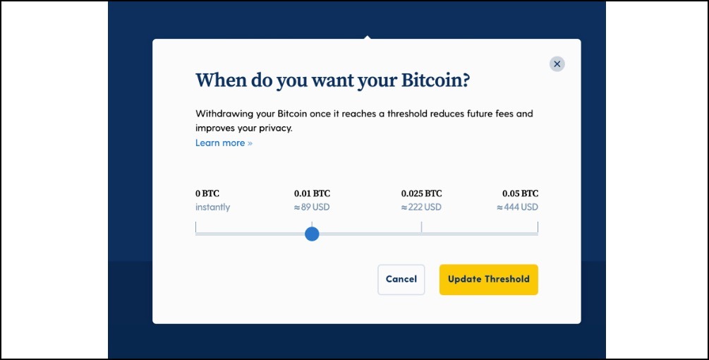 auto withdraw bitcoin from swan threshold 