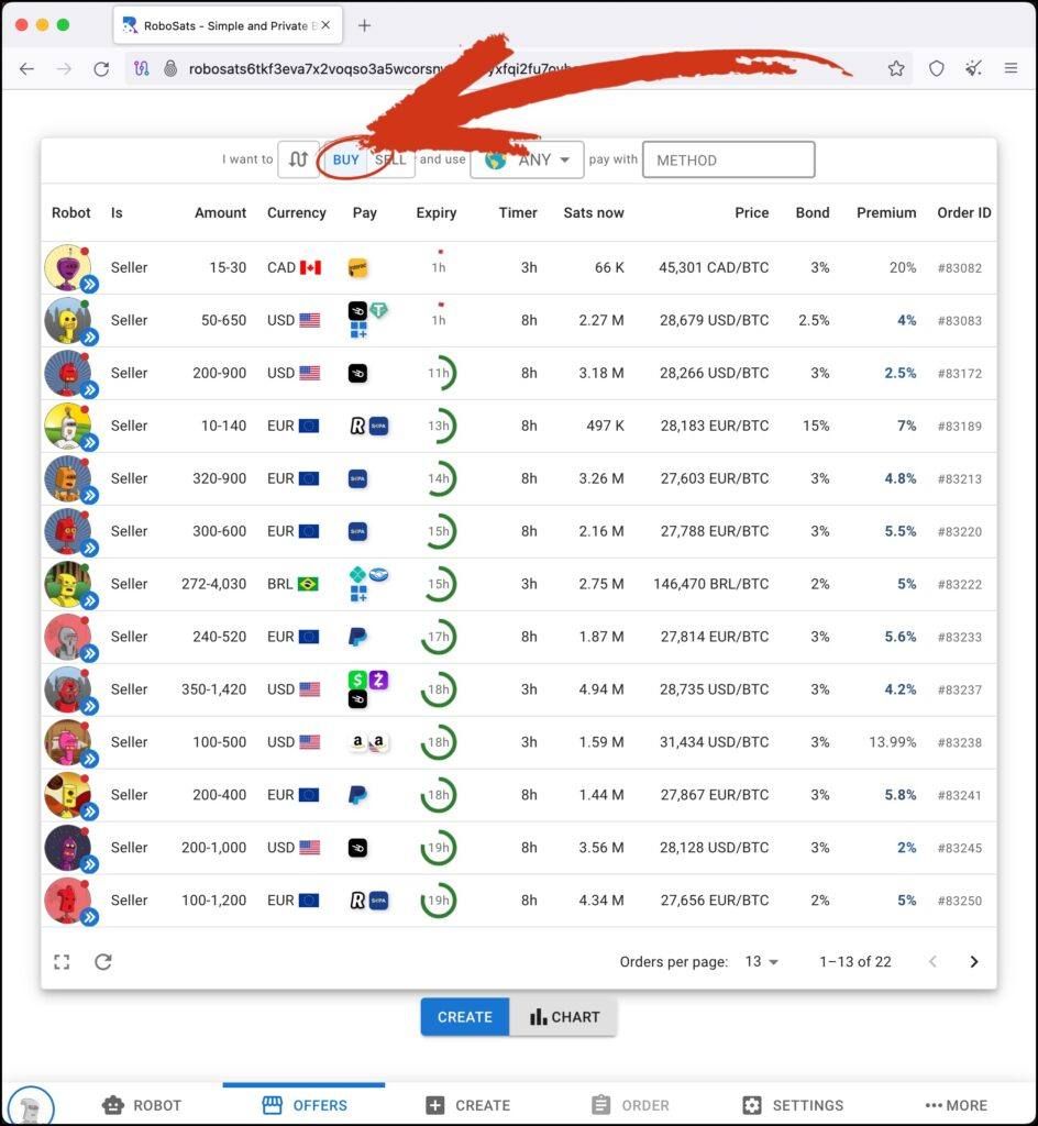 available offers from bitcoin sellers on robosats 