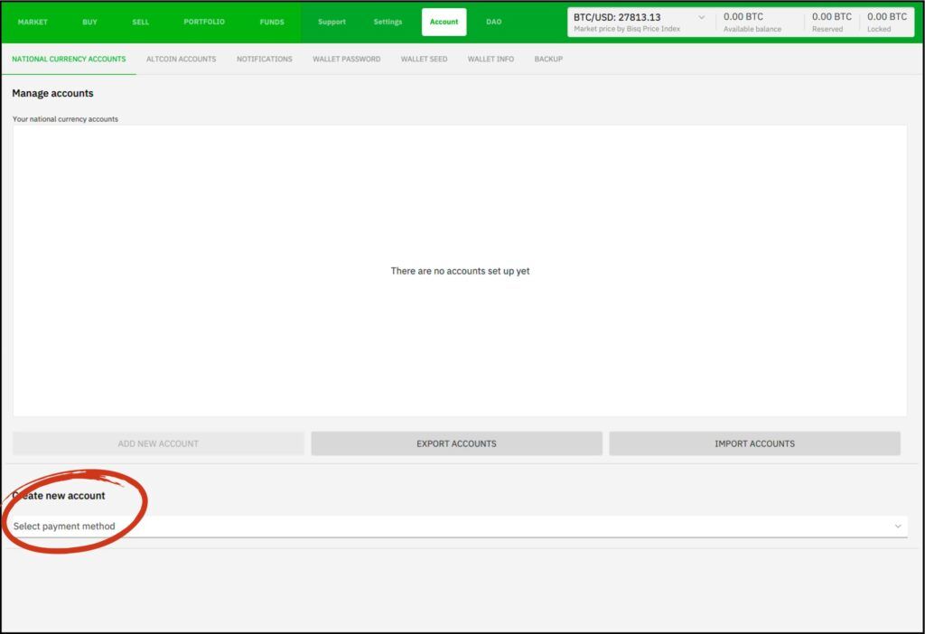 bisq bitcoin account settings > payment method 