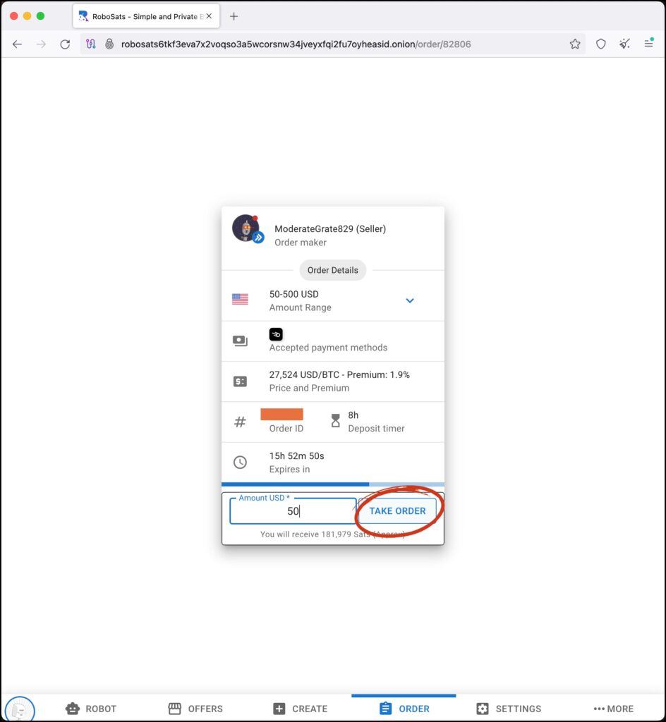 bitcoin sell offer on robosats 