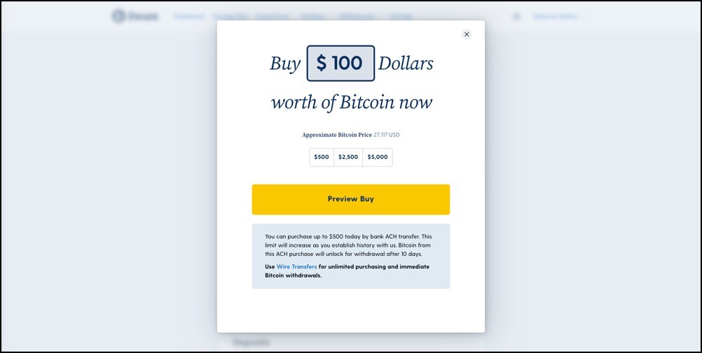 buy 0 worth of bitcoin with linked bank account at Swan 