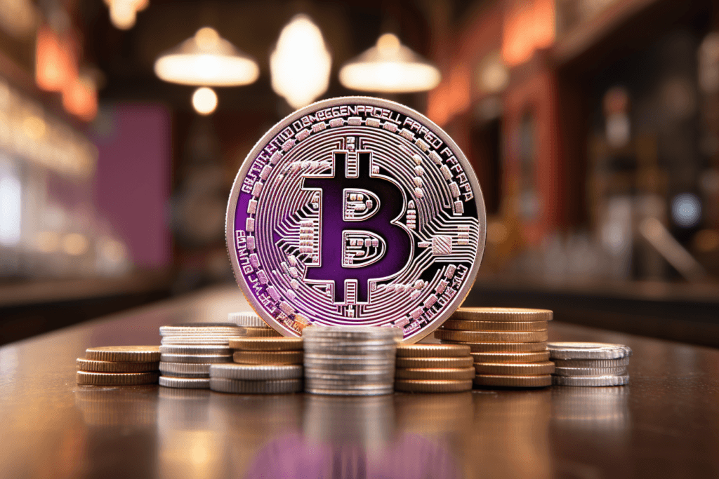 buy bitcoin with zelle, purple bitcoin to represent a combination of bitcoin and zelle. bitcoin in a zelle activated bank. 