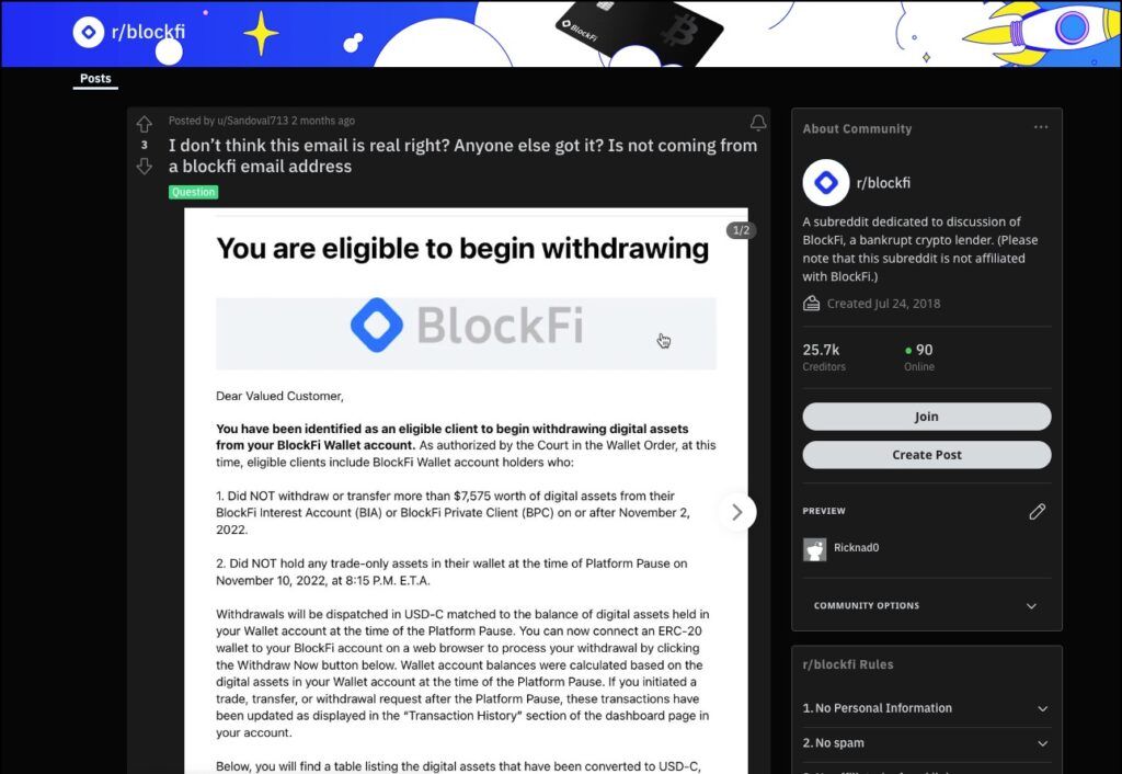 reddit blockfi fake email post 