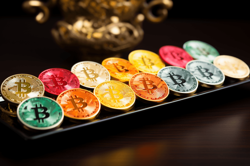 different colored bitcoins sitting on sushi platter representing coin control in bitcoin. select each bitcoin based on its utxo history.  